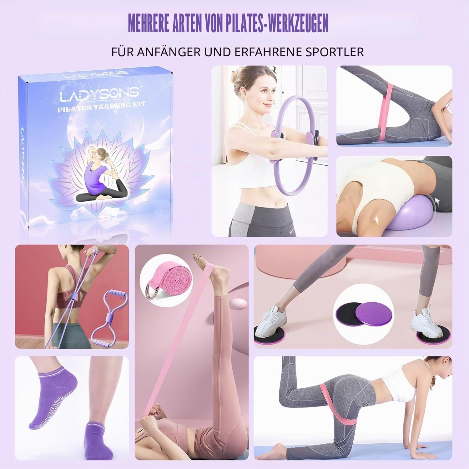 Pilates Ring Set - Pilates Essential Kit mit 12,6''/32 cm Magic Circle, Pilates Ball, Pilates Bänder, Sliding Disks & Training Poster usw, Fitnessgerät für Zuhause, Premium-Zubehör