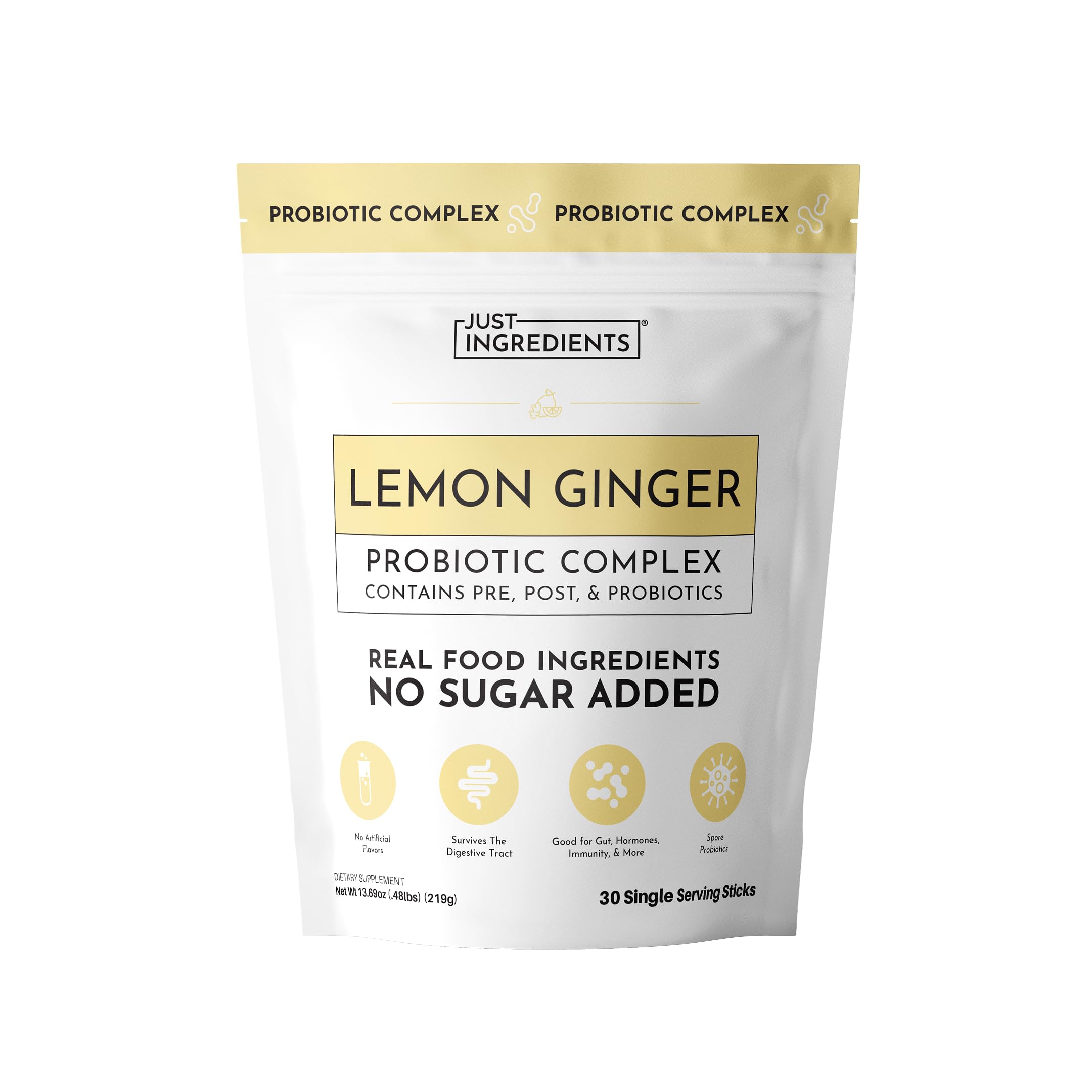 JUST INGREDIENTS Lemon Ginger Probiotic - Prebiotic & Postbiotic - 30 Ct