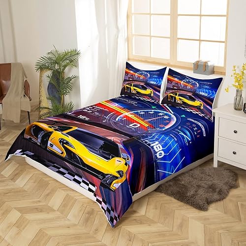 Vista 180 de Feelyou Juego de ropa de cama de coche de carreras y avión en blanco y negro – Funda de edredón y funda de edredón para niños y adolescentes