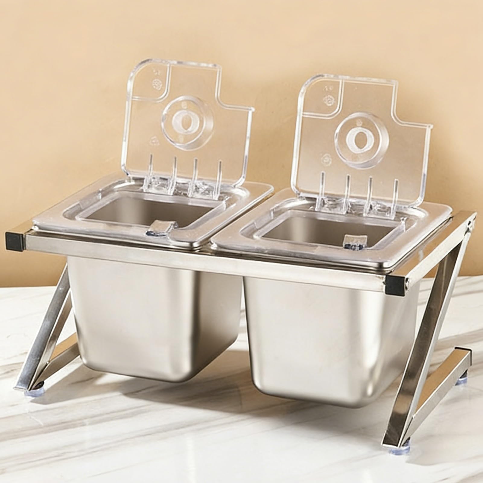 Questa Stazione per condimenti per Pizza con Coperchio Ribaltabile e Set di Palette, Supporto Organizer per spezie in Acciaio Inossidabile, Porta guarnizioni Inclinato da banco per Salse, ma