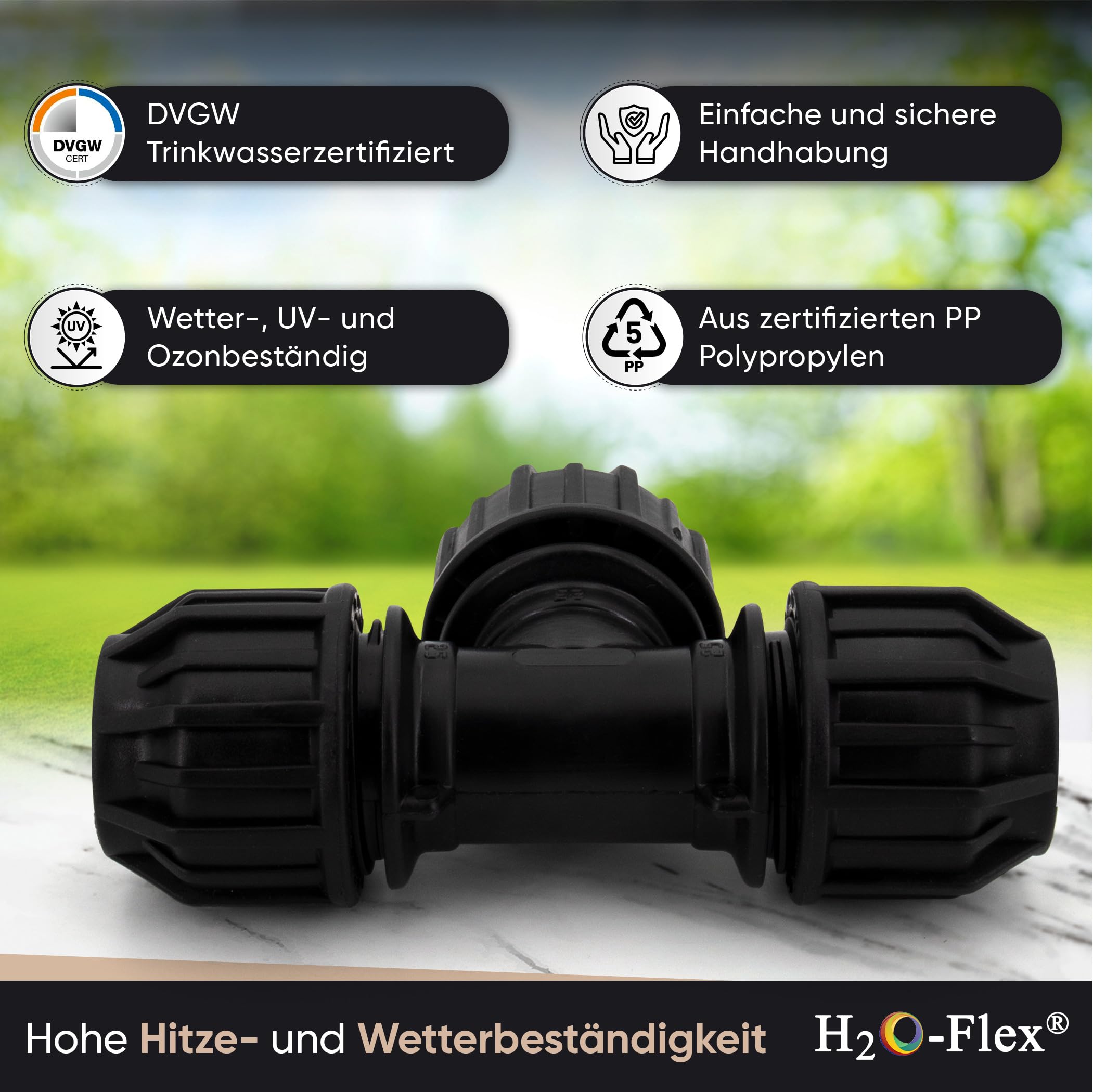H2O-Flex® Black Edition 20 PP – Raccordo con angolo di 90° con connettore di serraggio 1/2 AG DVGW da 20 pezzi in PE con filettatura esterna da 1/2 per tubo in PE