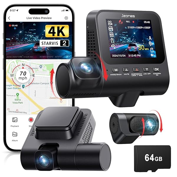 Dash Cam Front and Rear: 4K+1080P+1080P 3 Channel Dash Camera for Cars, STARVIS 2 Sensor Dash Camera with HDR Night Vision, 24H Parking Mode Car Camera with GPS, Free 64GB Card