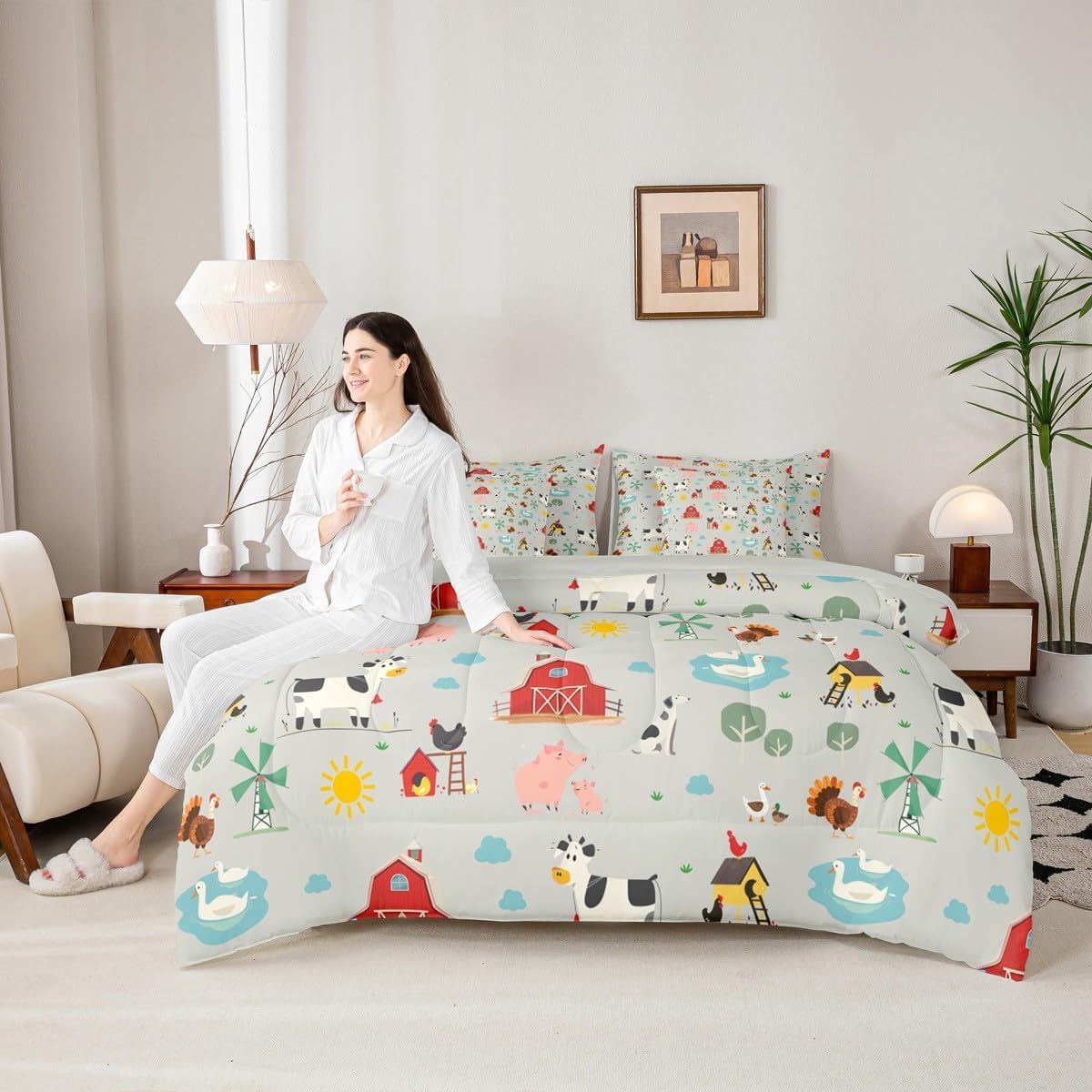 Feelyou Queen Comforter Set with Sheets for Kids Boys Girls Cute Pig Cow Dog 7 Pieces Bedding Set Farmhouse Animals Bed in a Bag Chicken Room Decor Cartoon Farm Soft Microfiber Grey Red