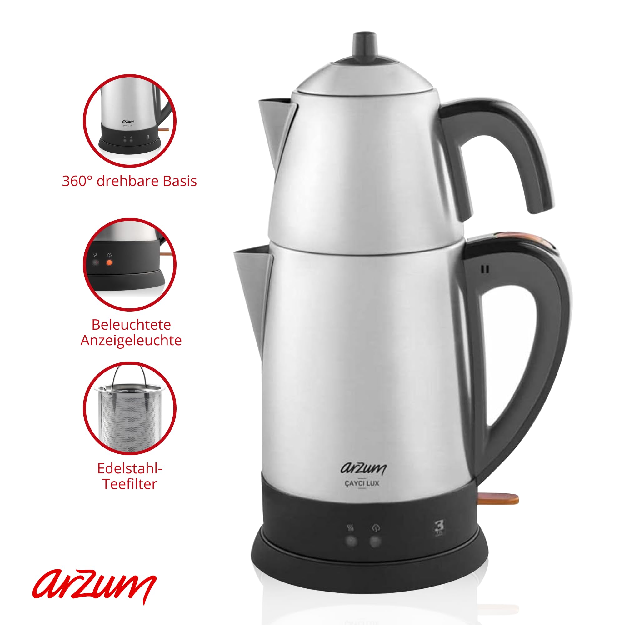 ARZUM Cayci Lux Inox Teebereiter, türkische Teekanne, Edelstahl, 0,7 l Topfkapazität, 1,8 l Warmwasserbereiterkapazität – 2100 W