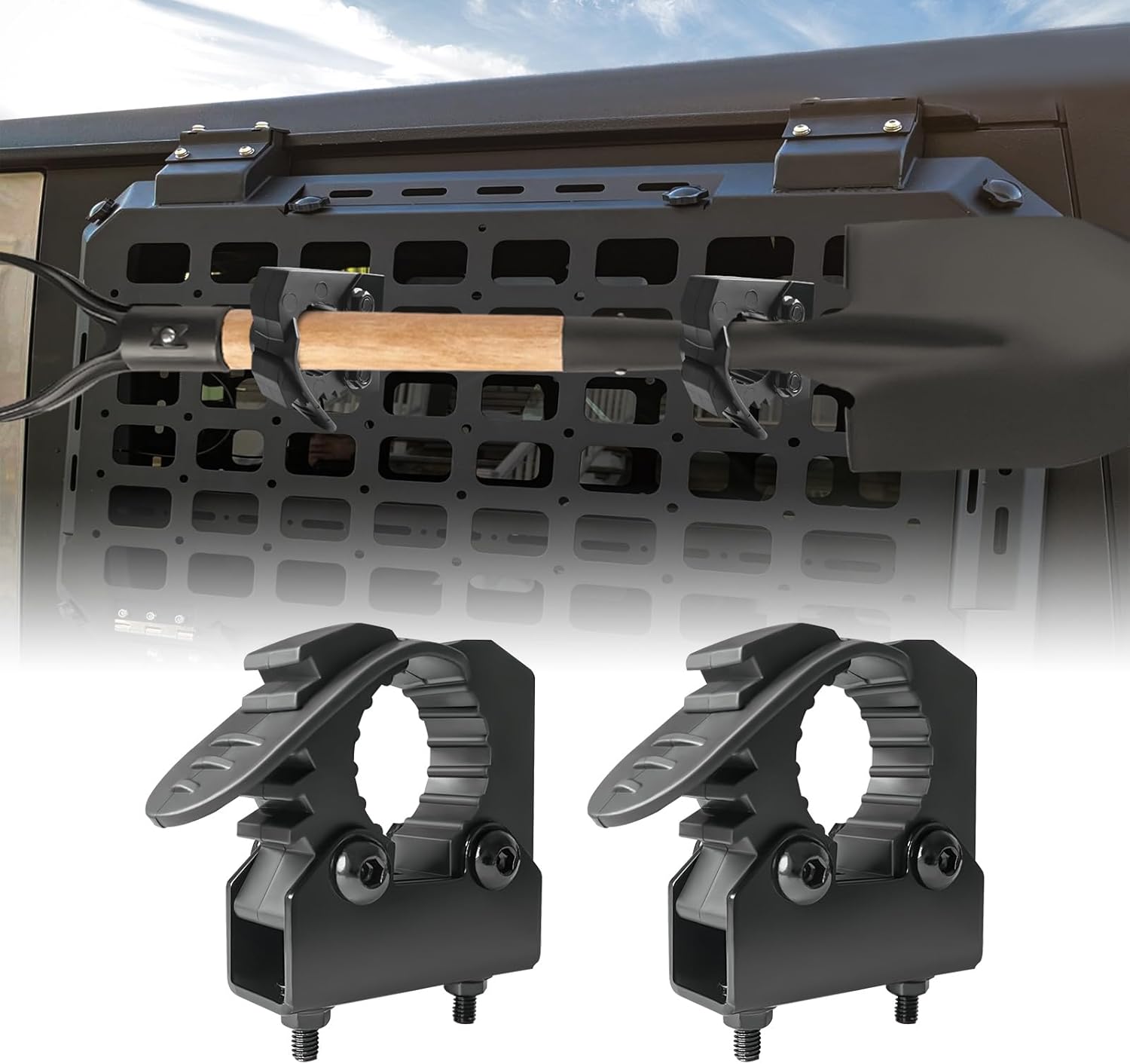 Molle Panel Shovel Mount for Truck Bed, Quick Release Rubber Clamp Kit for 29-36mm Diameter Shovel Axe Flashlight Tool Holder for Off-Road Vehicles Trucks UTV ATV Roof Rack Organization 2 Pairs