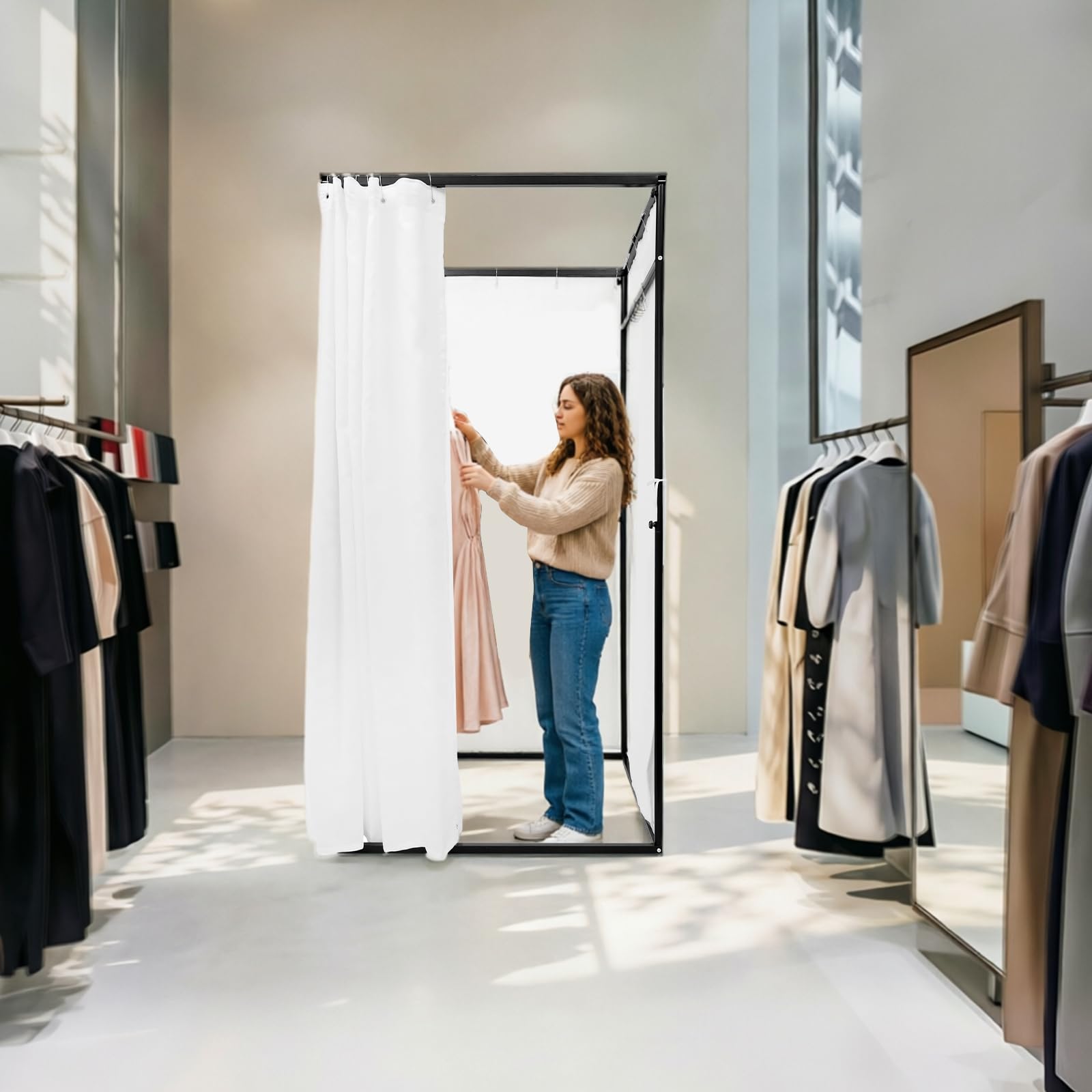 Cabine de vestiaire autonome portable avec cadre solide et crochet de suspension pour 3 à 4 personnes, brise-vue moderne pour magasin de vêtements, bureau, vestiaire temporaire, événement extérieur