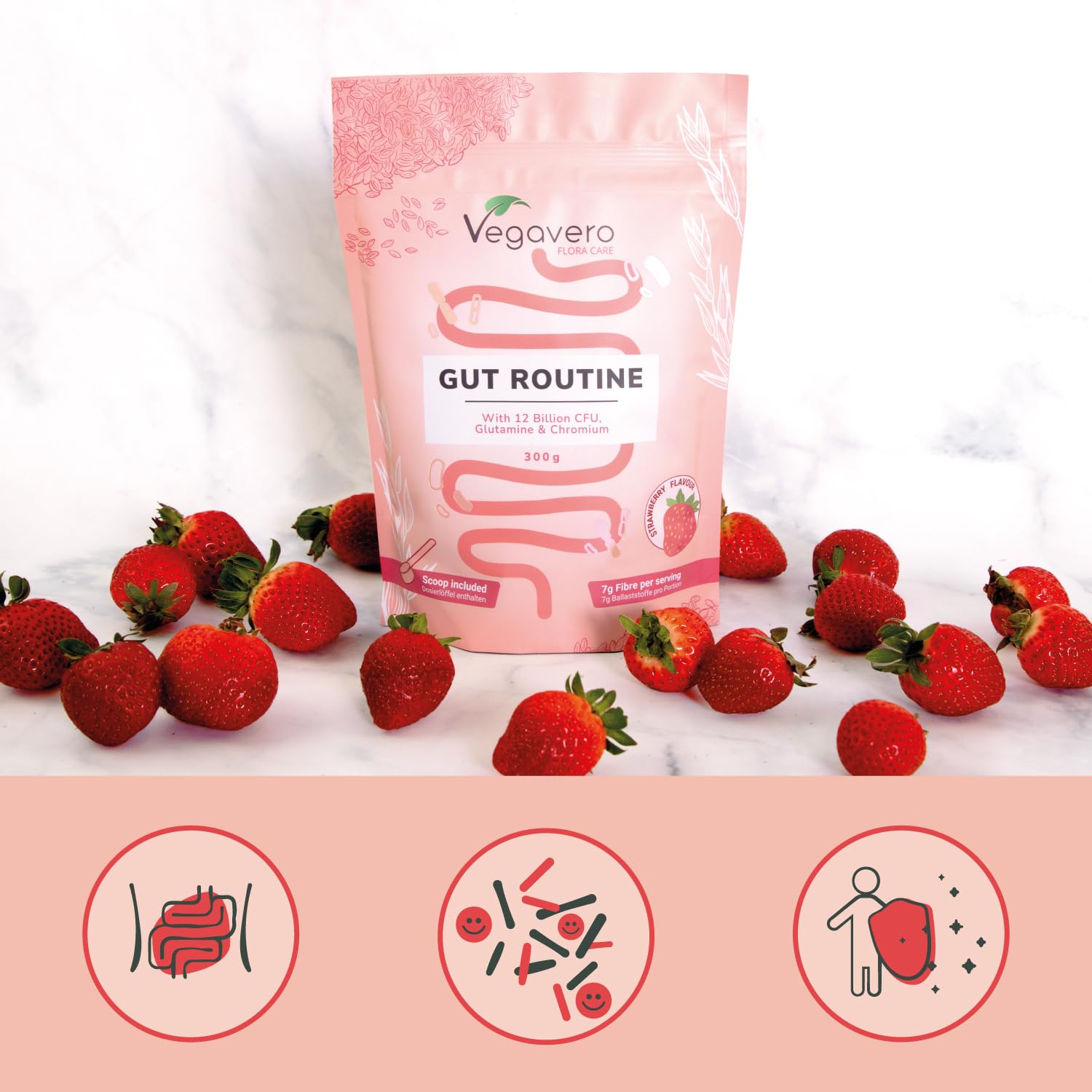Gut Routine | Formule Tout en Un : 7g de Fibres, Probiotiques, L-Glutamine | Digestion & Microbiote Intestinal | Vegan & Sans Gluten | Goût Fraise | Vegavero®