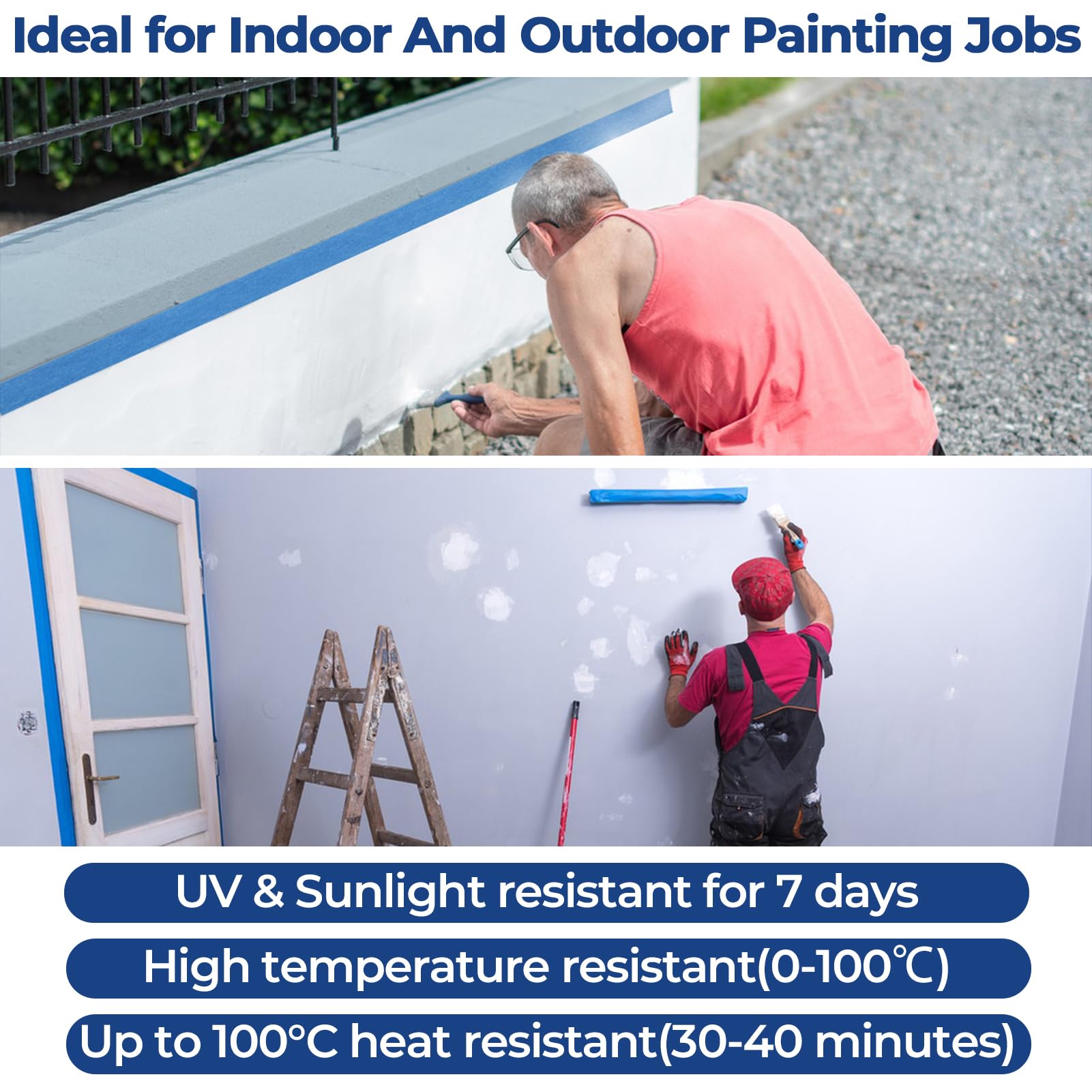 10 rollos de cinta de pintor azul de 2 pulgadas, cinta maestra de enmascaramiento a granel de 60 yardas, cinta adhesiva de pared sin residuos, cinta de pintor multisuperficie para pintura de pared