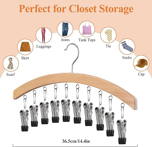 Miniatura 6 de Paquete de 2 organizadores de leggings para armario, perchas de madera para pantalones que ahorran espacio con clips, organizador colgante de
