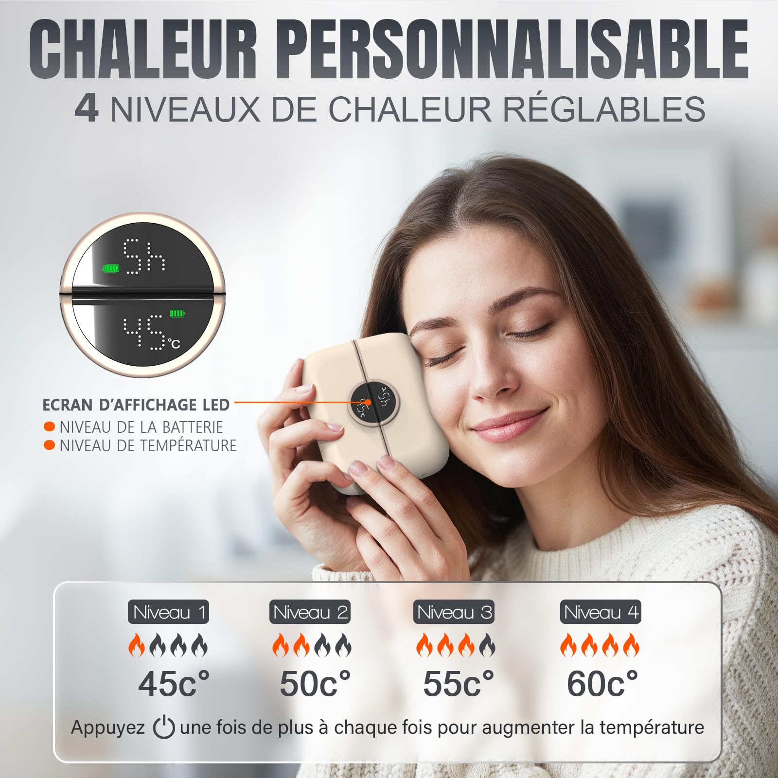 Calentador de mano recargable de 6000 mAh, pantalla LED, 4 niveles de calor, diseño compacto y elegante, USB-C, calentador rápido, ideal para viajes, invierno y regalo - AERYNO