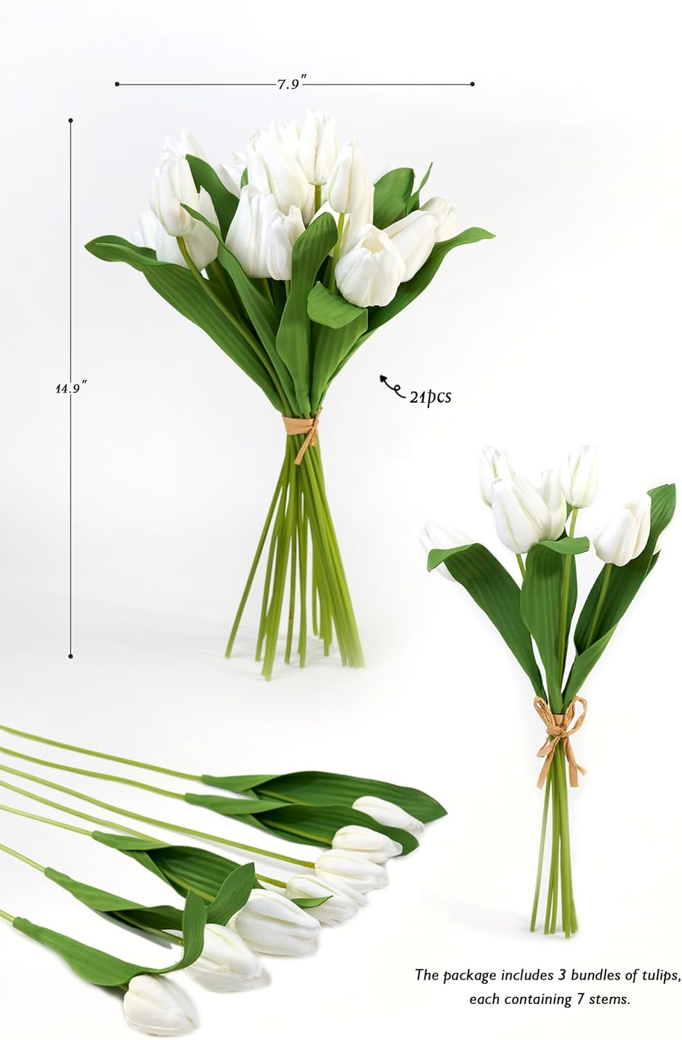 Real Touch Artificial Tulips, 21PCS PU Fake Tulip Flowers with Light Fragrance, Faux Tulip Bouquet for Wedding Decorations, Bridal Bouquets, Home Table Centerpieces (White)