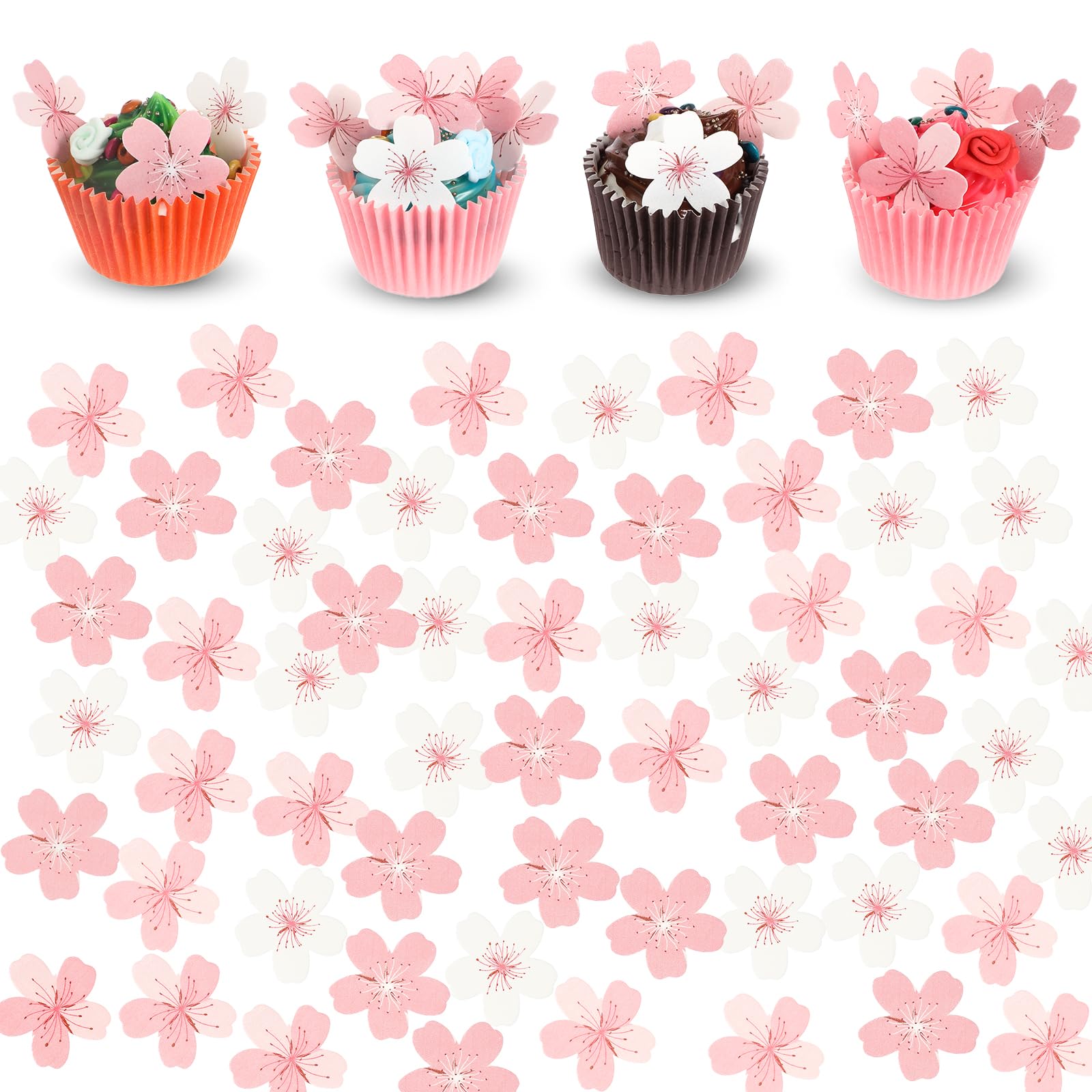 90pcs Edible Cherry Blossom Cupcake Topper Flowers for Cakes,Flower Cupcake Toppers Cupcake Toppers Decorations,for Wedding Birthday Baby Shower Party Supplies