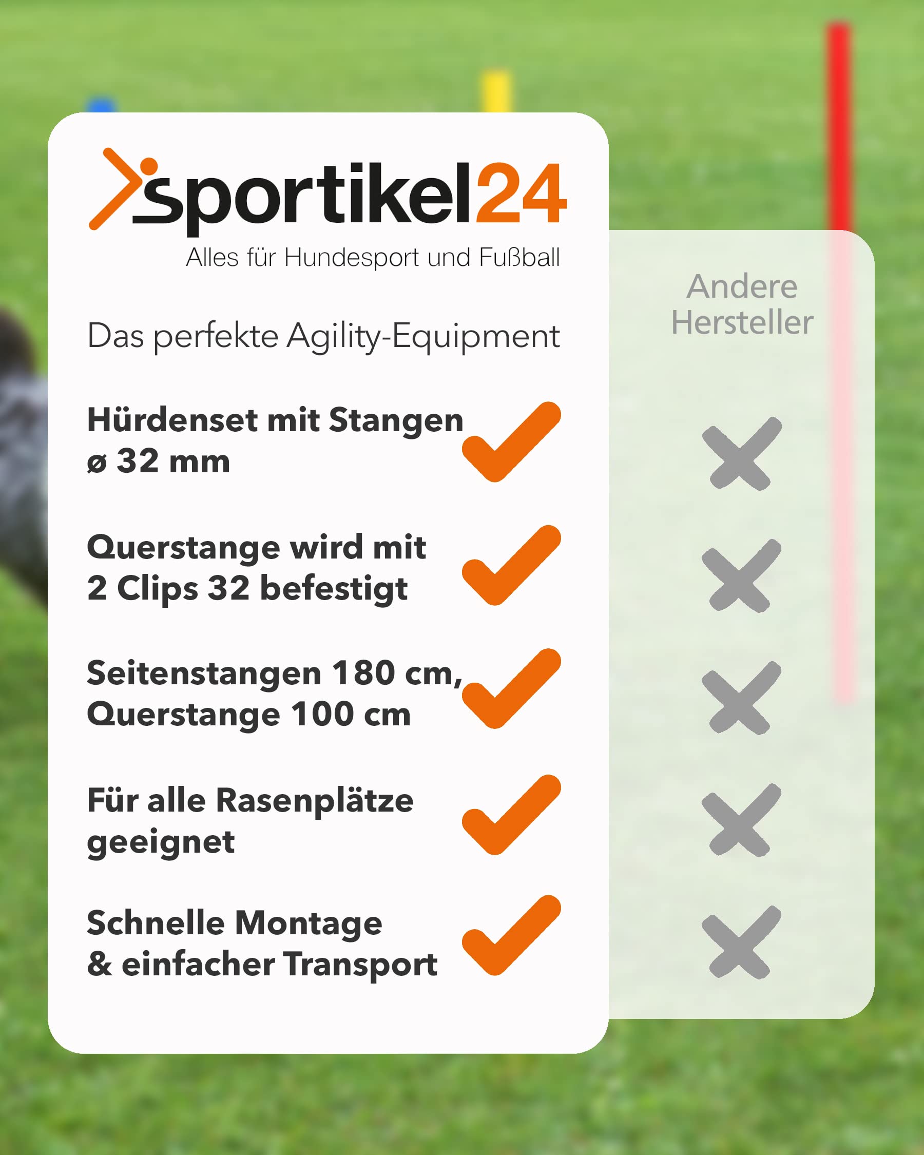 Hürdenset mit Slalomstangen 180 cm, ø 32 mm – Sprunghürde – Agility-Hürde für Fußball, Leichtathletik & Hundesport