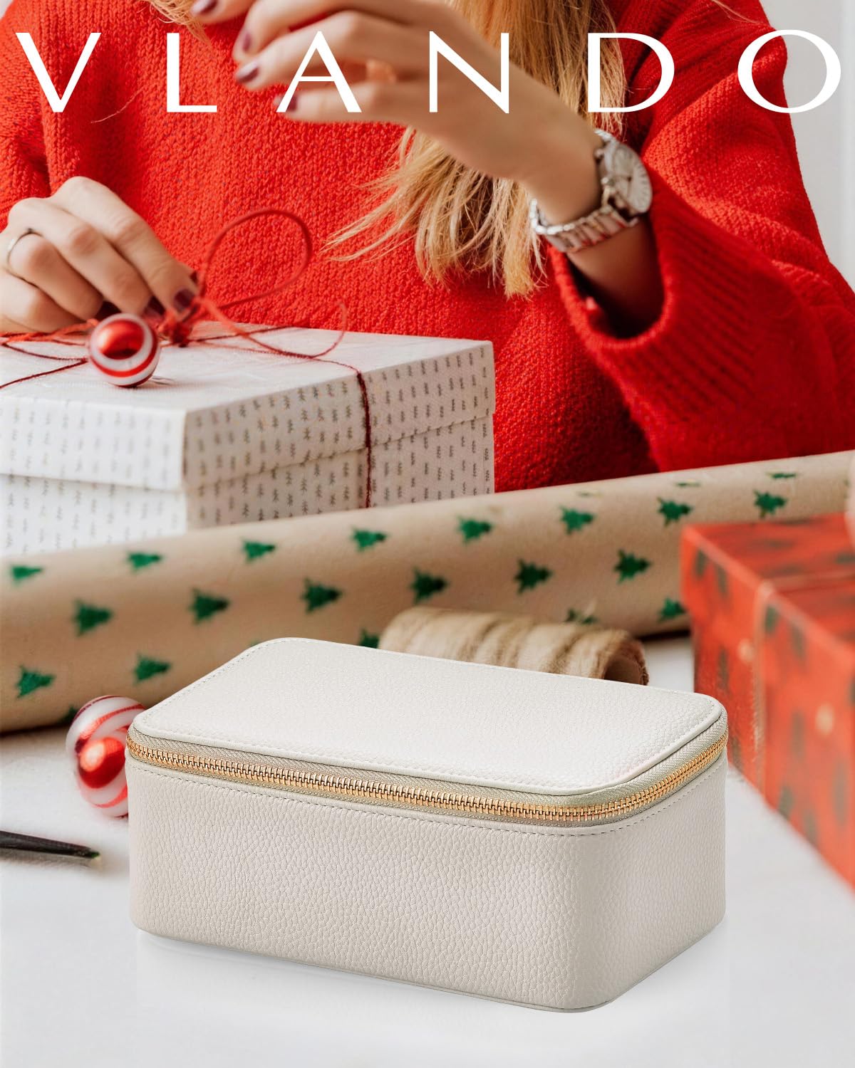 VLANDO Organizador de joyas de viaje de piel sintética con 12 bolsas de terciopelo para joyas, estuche para collares, anillos, regalos para mujer, color blanco-L