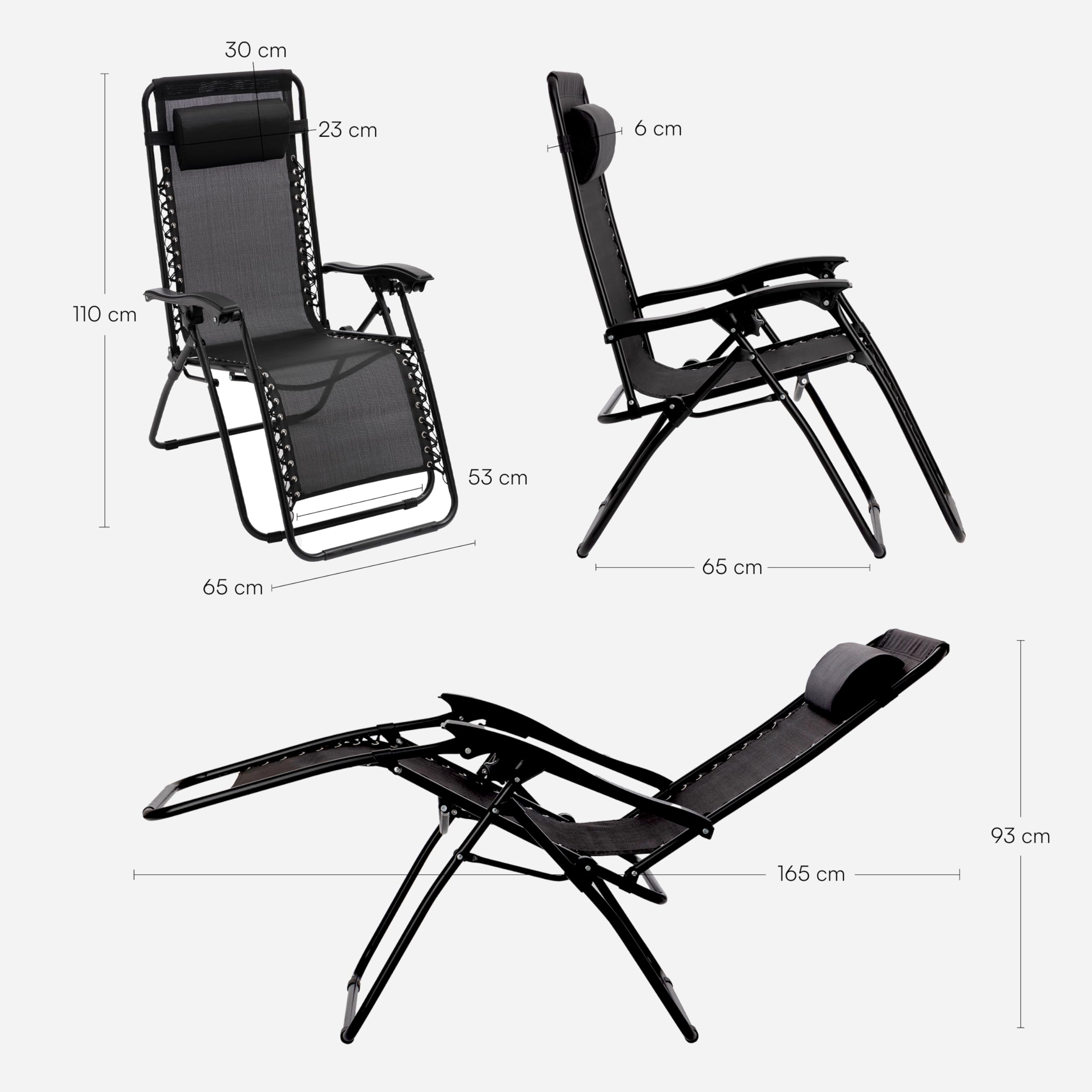 Baroni Home Sedia Sdraio Zero Gravity da Giardino, Chaise Longue Pieghevole da Esterno, Sdraio Salvaspazio per Piscina e Terrazzo, Poltrona Relax, 165x65x93 cm Nero