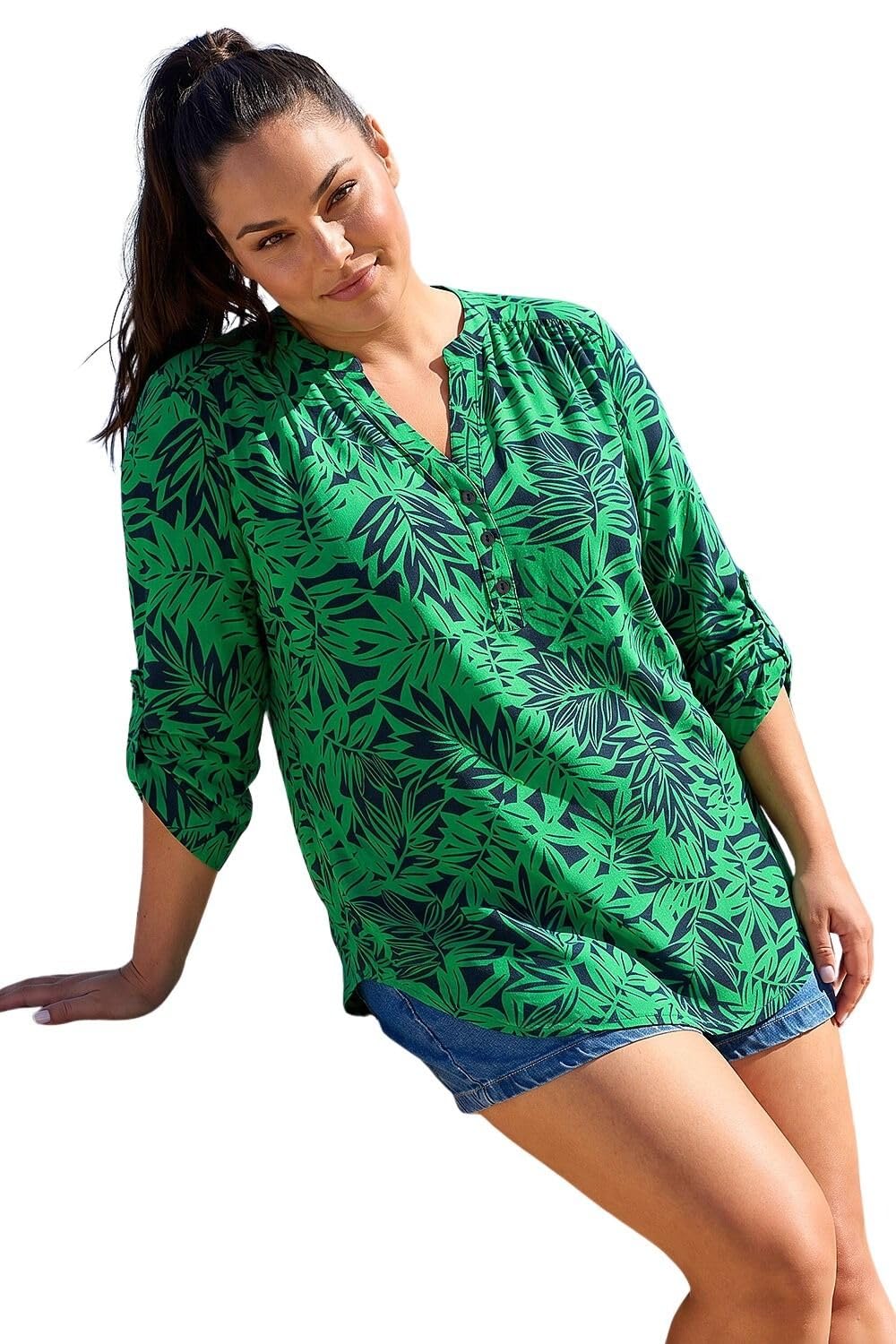 Roman Women's Curve Leaf Print Button Stretch Shirt in Green | Size: 20