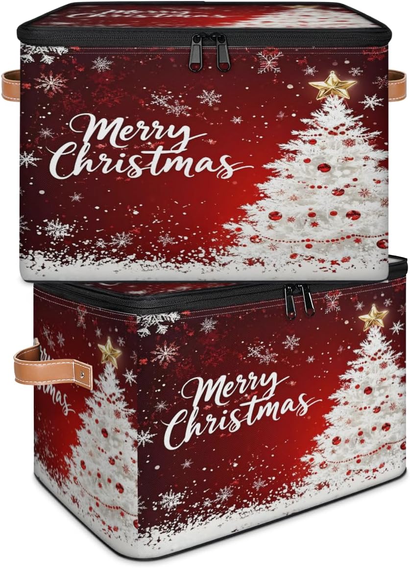 Storage Bin Set of 2 Merry Christmas Tree Snowflake Storage Basket with Zipper Lid & Handle Foldable Closet Shelf 2 Pack Cloth Organizer Basket Cube Bins for Bedroom, Nursery