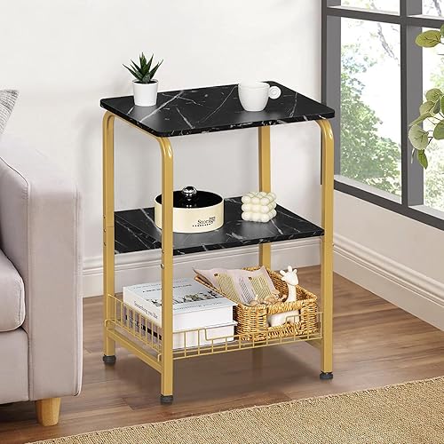 Miniatura 2 de YAHARBO Mesa auxiliar negra y dorada, mesa auxiliar pequeña de 3 niveles con cesta de almacenamiento, mesita de noche moderna con marco de metal y