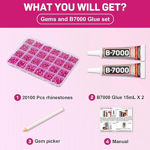 Miniatura 2 de 20100 diamantes de imitación rosa intenso con pegamento b7000 para manualidades, manualidades, ropa, camisetas de tela, kit de gemas de cristales de