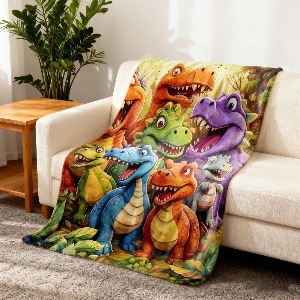 Cute Smiling Dinosaurs Print Blanket,Soft Flannel Fabric Throw Blanket with Colorful Dinos Print,Funny Cozy Dinosaurs Decor for Couch Bed Sofa,Warm Farmhouse Gift for Dino Lover