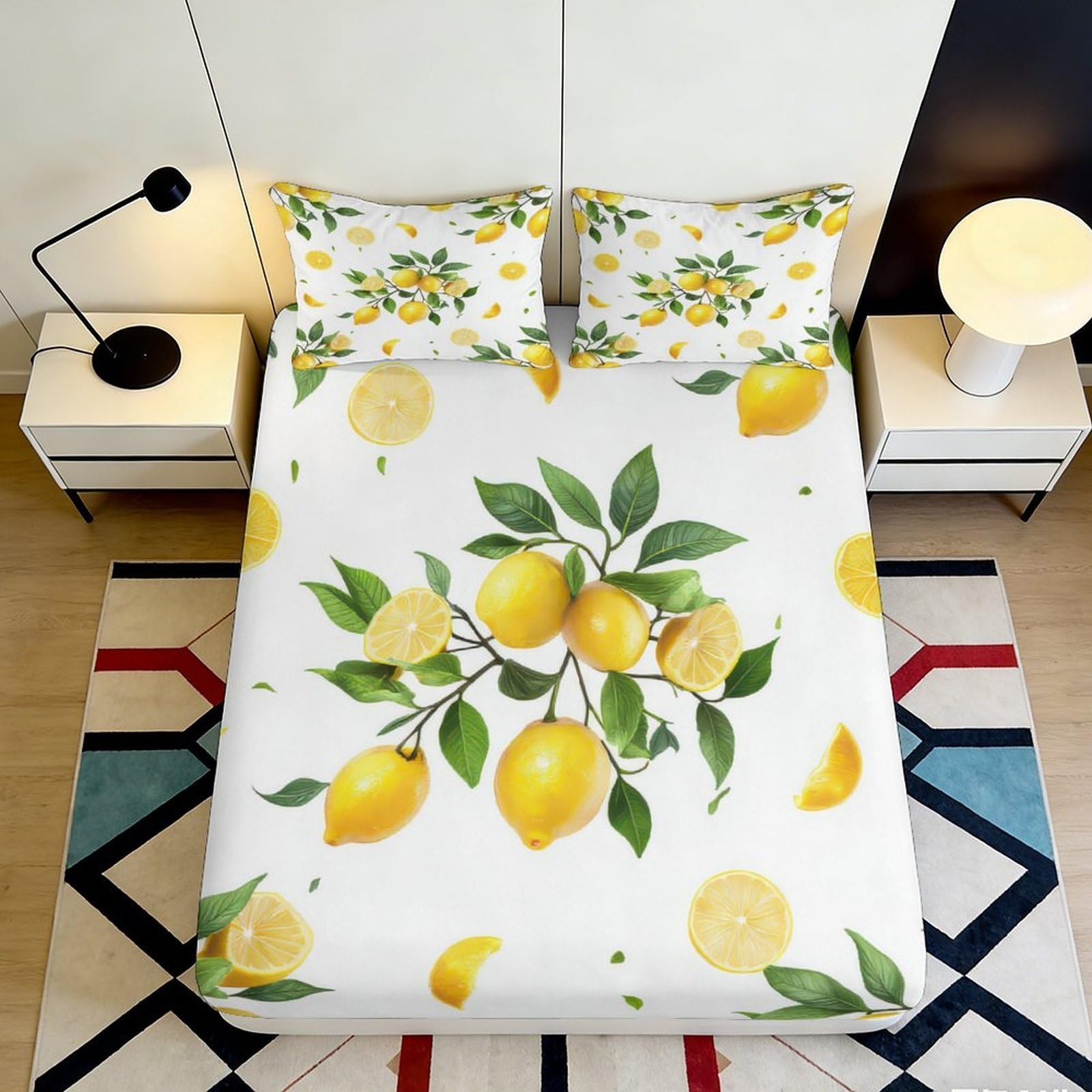 3D Printed Lemon Orchard Fitted Sheet Microfiber Soft Yellow Citrus Blossom Mattress Cover for Bedroom Dorm Decor 90x200x25cm
