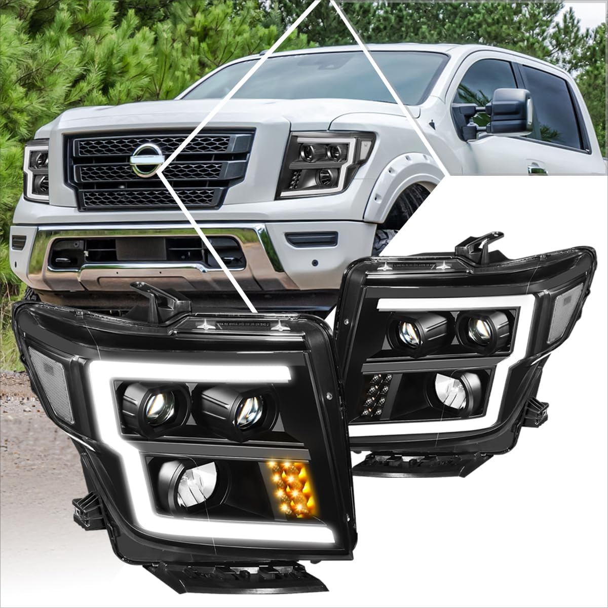 LED DRL Projector Headlight Assembly Compatible with 16-24 Nissan Titan (XD),Black Housing/Clear Lens