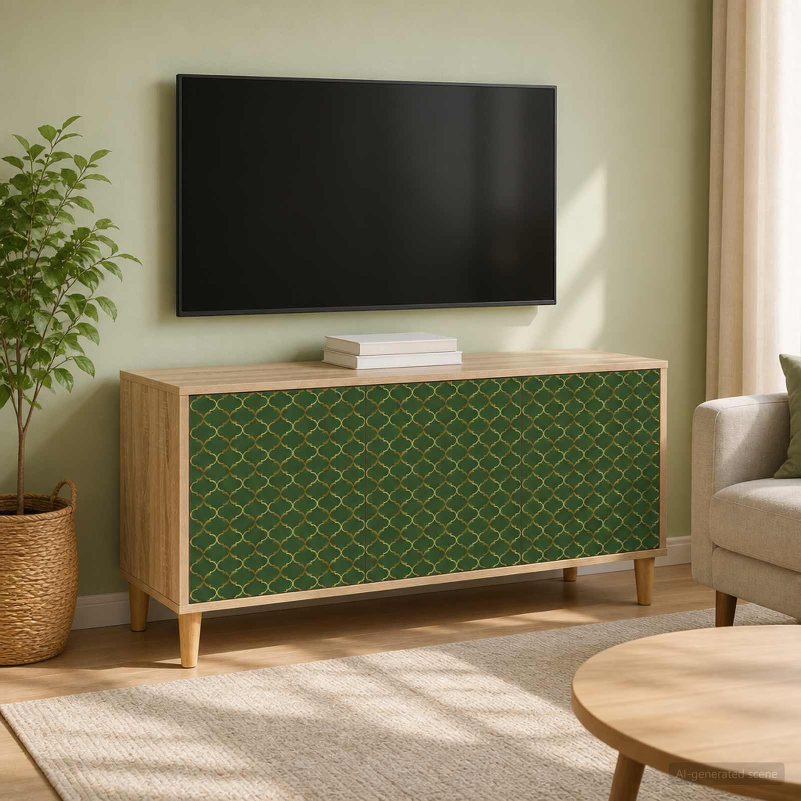 Homgoday TV-Schrank GELEEN 102x33x50 cm Sonoma, Holzwerkstoff, 3 Türen, Modernes Design, erhöhte Füße, viel Stauraum, für Wohnzimmer, belastbar bis 30 kg 8007071