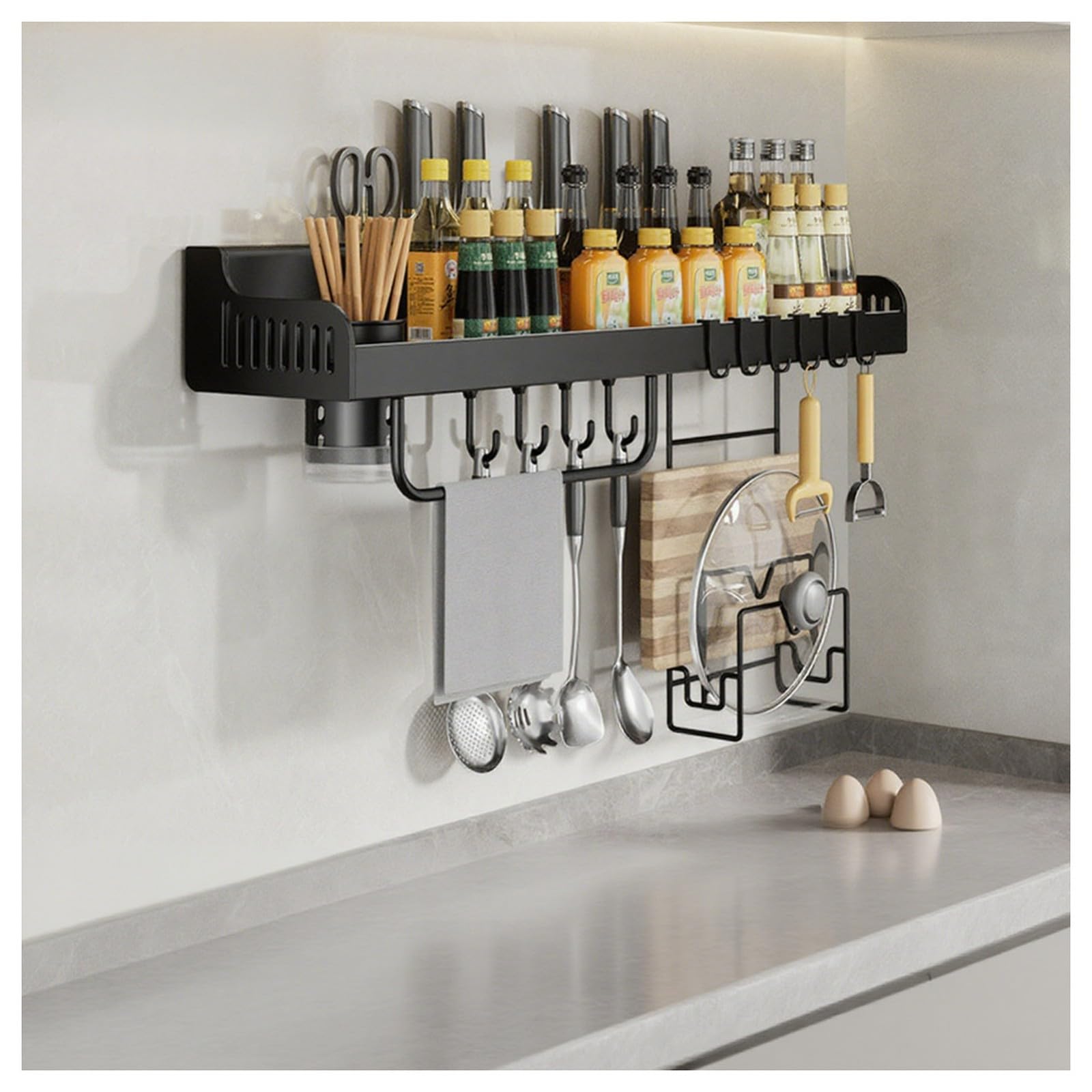 HADECOLL Kitchen Spice Rack Organizer With Hooks, Knife Holder, Carbon Steel Shelf For Spatulas, Towels, Spice Jars, Black,Black-50cm-a