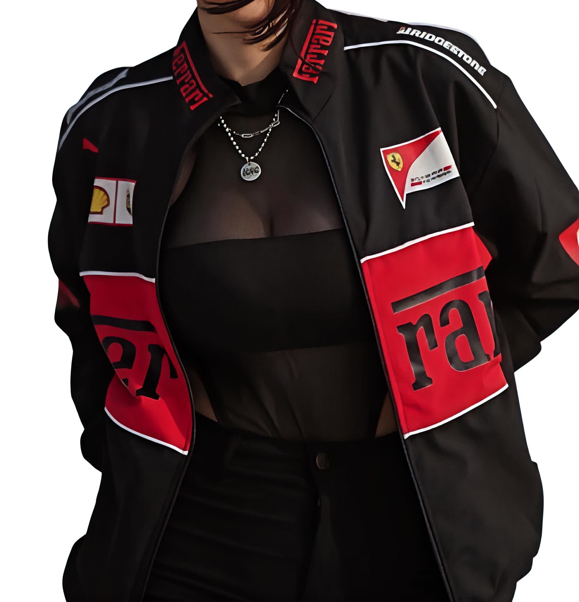 DRIP SPOILERF1 Racing Jacket Graphic Printed Parachute Fabric Oversized Jackets for Women - Black