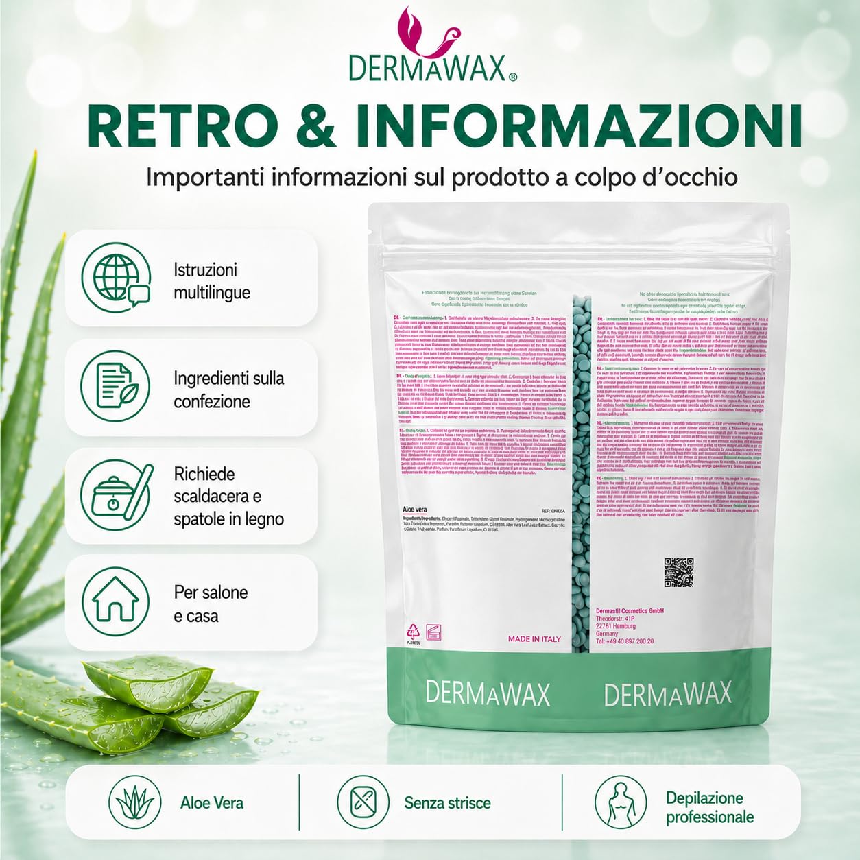 Dermawax Perle di Cera Aloe Vera 1 kg – Cera a Caldo Senza Strisce per Pelle Sensibile – Epilazione Professionale per Bikini, Viso e Corpo – Made in Italy