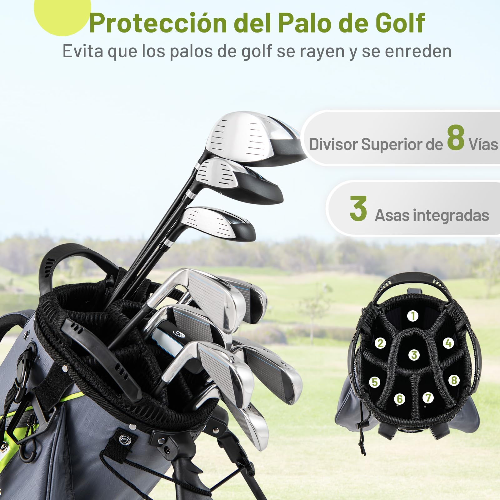 GYAMX Bolsa de Golf con Trípode, Bolsa de Soporte Profesional Golf con 8 Divisores, 5 Bolsillos con Cierre, Doble Correa Ajustable, Funda Impermeable, Unisex