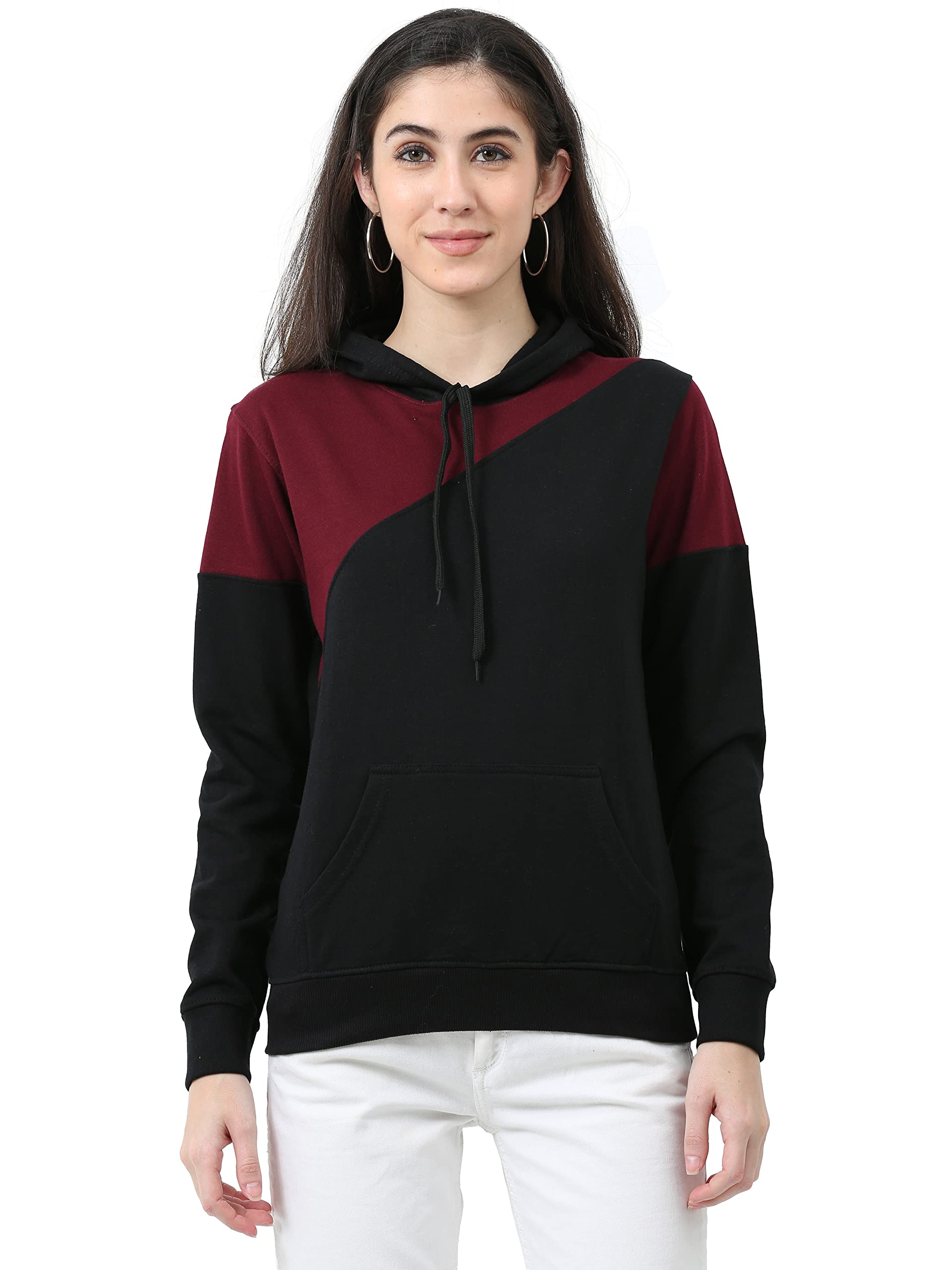 fleximaa Women's Cotton Hooded Neck Color Block Full Sleeve MaroonBlack Color Hoodies with Kangaroo Pockets XL Size-picture-47