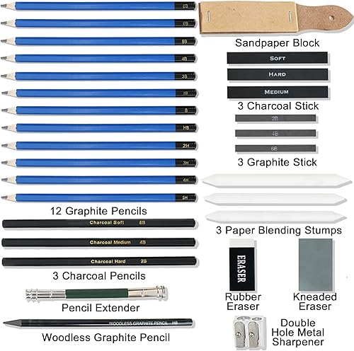 Miniatura 2 de LUCYCAZ Kit de 32 lápices de dibujo, juego de lápices de boceto, lápices de grafito y carbón con 2 blocs de boceto, juego de lápices de dibujo,