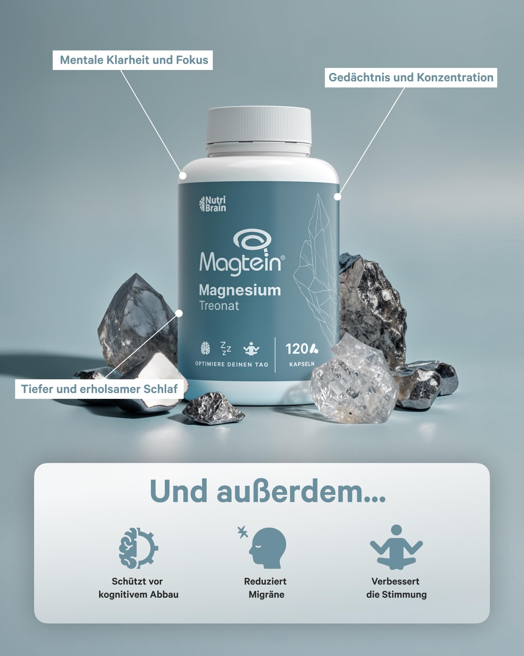 Magnesium L-Threonat mit Magtein® | Hochdosiert 2000 mg | Laborgeprüft | Maximale Aufnahme | 120 Kapseln | Gedächtnis, Fokus, Tiefschlaf