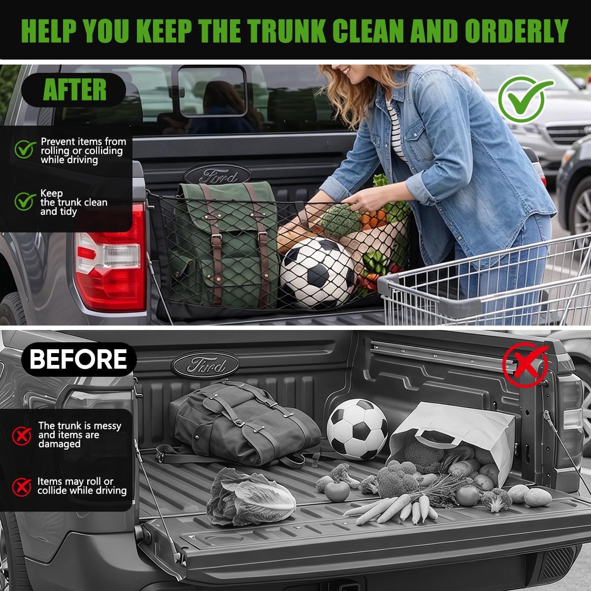 Truck Bed Cargo Net Envelope Stretchable Trunk Netting for Chevy Silverado & GMC Sierra & Dodge Ram 51 x 18 Inches Pickup Rear Touring Organizer Storage Netting with Heavy Duty Carabiners