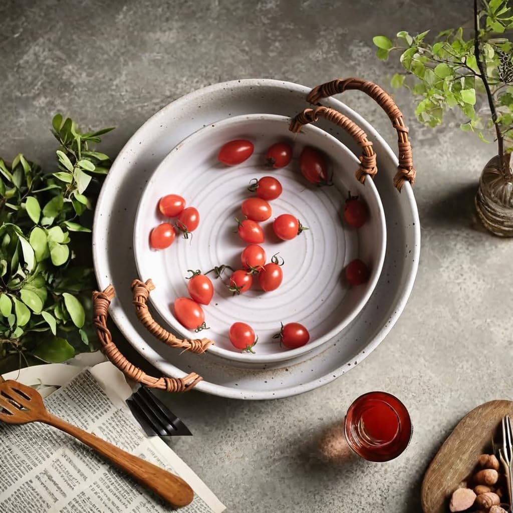 Ceramic Fruit Bowl or Salad Bowl with Double Eared Vine Weaving Handles, Ceramic Salad Bowl with Anti Slip Bottom,Large Fruit Bowl for Kitchen Counter(10Inches)