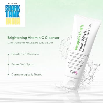 Cos-IQ 5% Vitamin C Face Wash for For Glowing & Brightening Skin | All Skin Types | Fight Dark Spots, Acne & Pimples, Brighten Skin, Clears Dirt & Oil Control| Multi-Action Formula| Women & Men| 100ml
