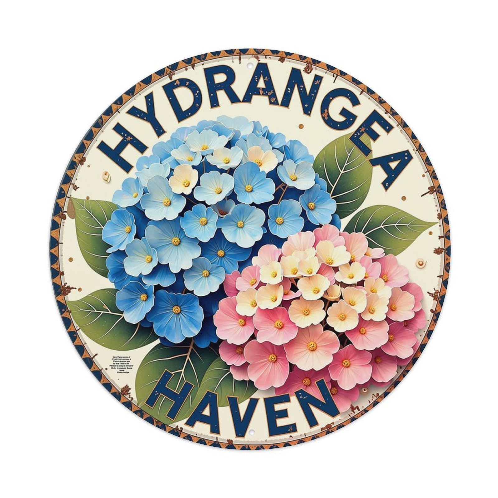 Hydrangea Haven Floral Pattern Print Retro Metal Sign Round Tin Sign, Vintage Decor Art Poster for Bar, Home, Man Cave, Kitchen, Laundry Room Gift 8x8Inch