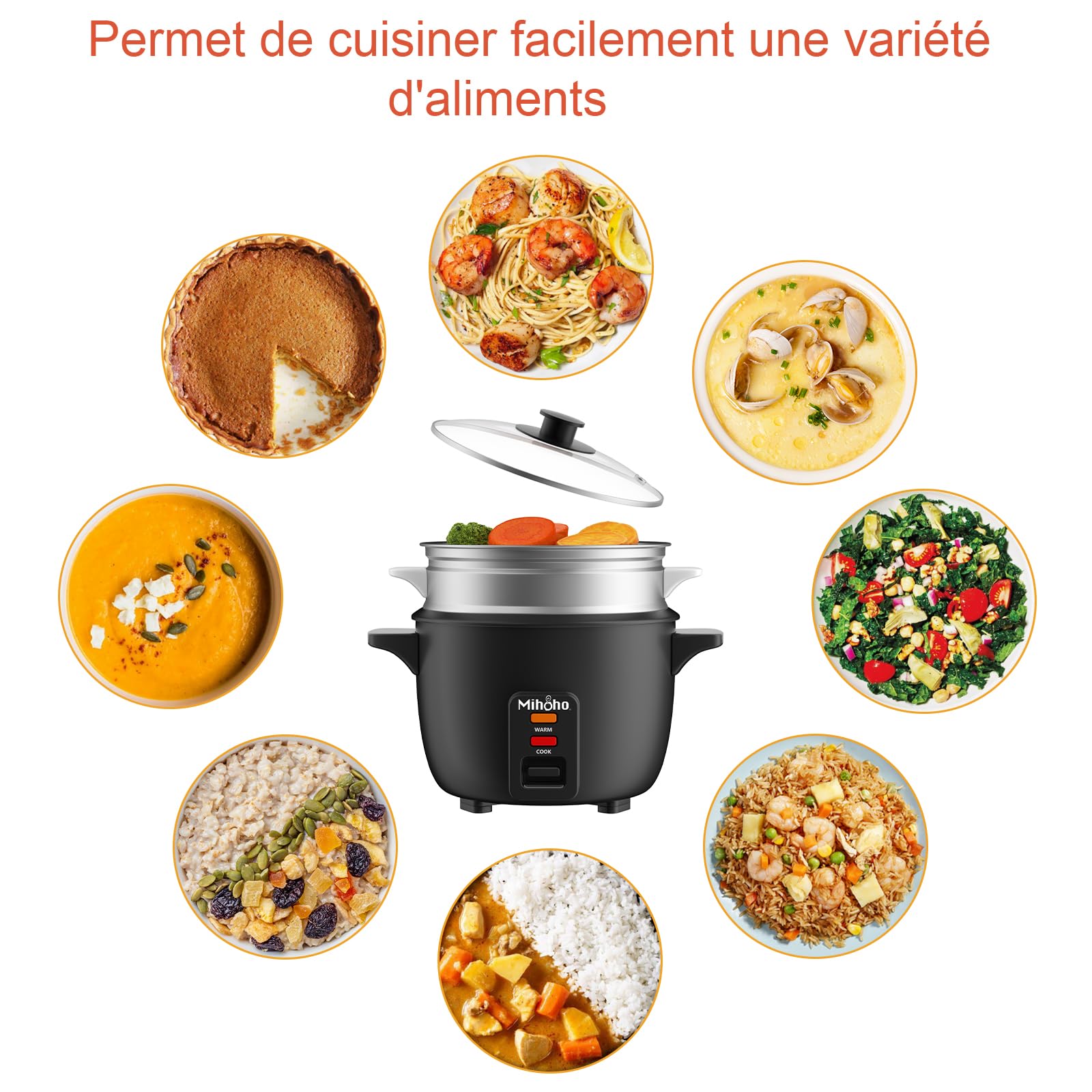 Cuiseur à riz, cuiseur à riz 1 L avec cuiseur vapeur, avec cuve intérieure antiadhésive pour préparer des soupes,des ragoûts,des céréales,des céréales,Conservation de la chaleur (noir K)