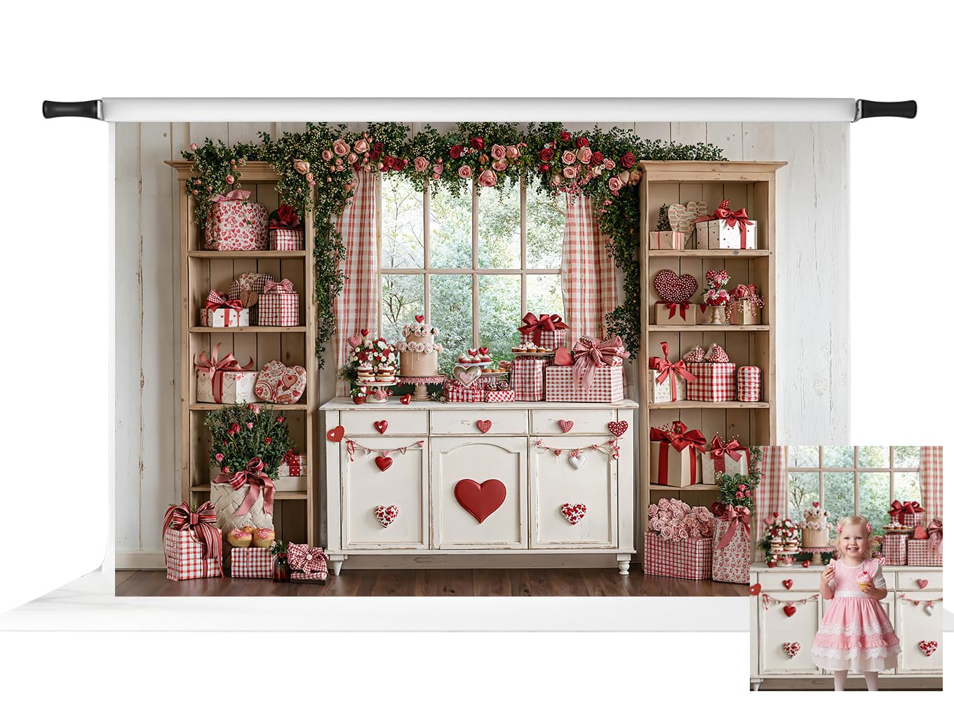 Kate Valentine's Day Cabinet Backdrop for Photography Gifts Roses Garland Window Red Heart Home Decoration Background 10x6.5ft