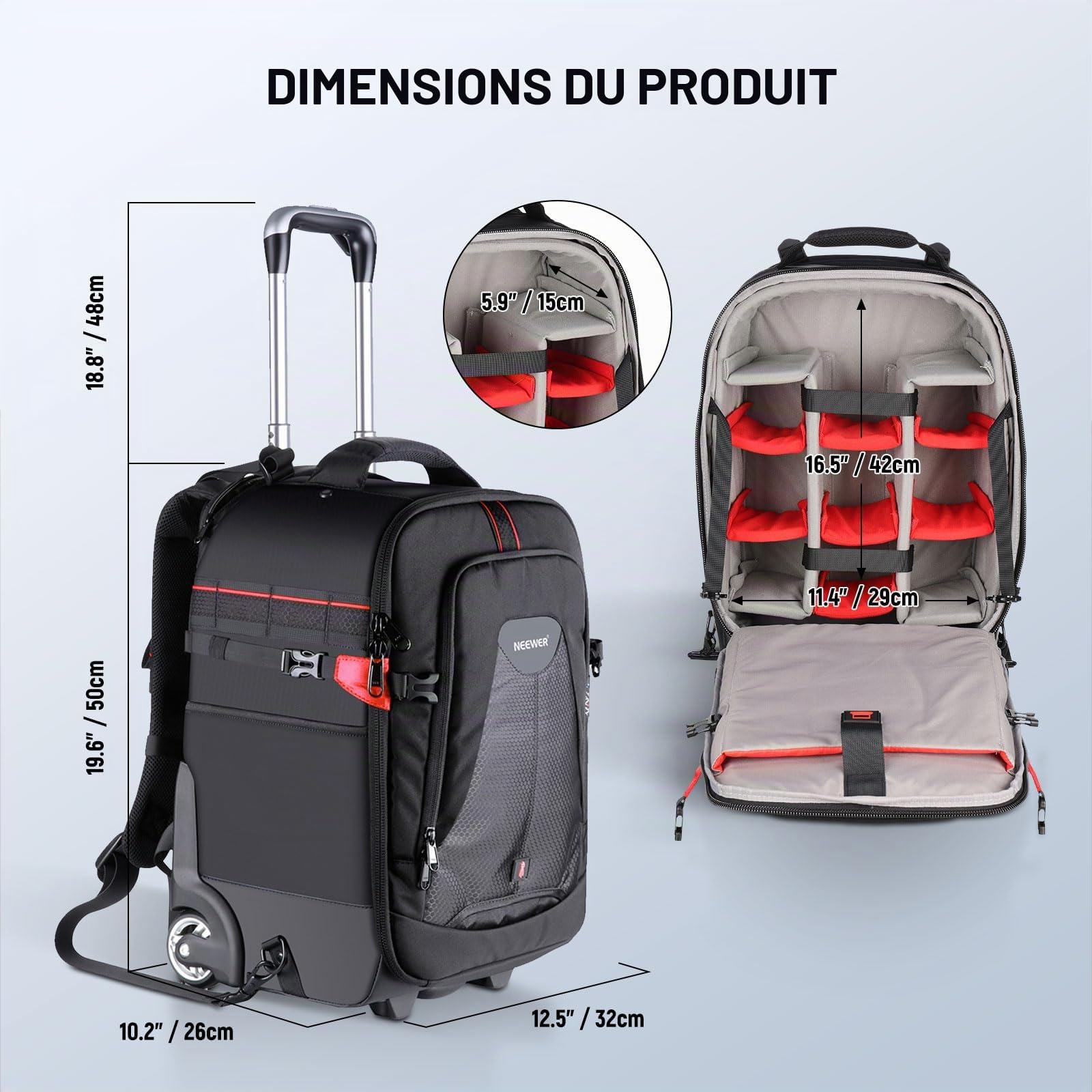 Neewer - Valise à roulettes 2 en 1 pour appareil photo - Durable et imperméable - (compartiment rembourré anti-choc et détachable, barre de traction cachée) Noir