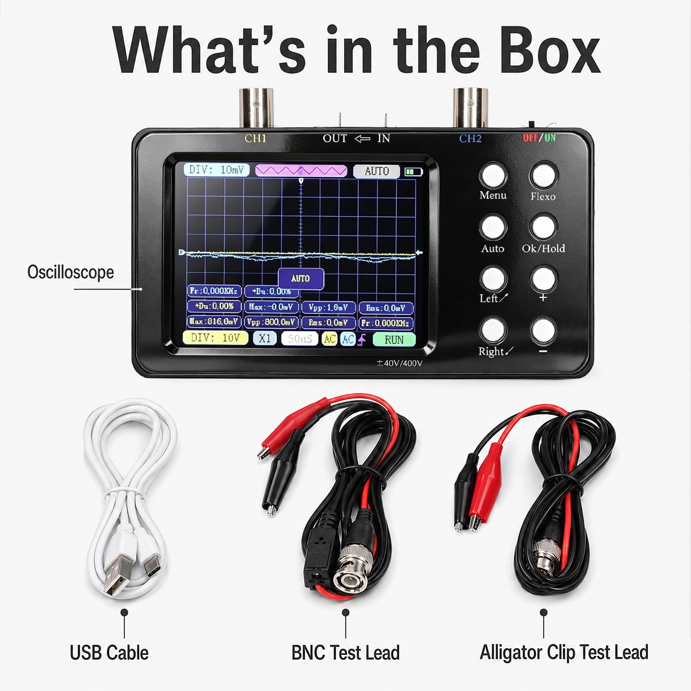 Fyearfly Zweikanal-Oszilloskop, Digitales Oszilloskop-Multimeter 2-Kanal-Tragbarer Signalgenerator 2Mhz Bandbreite Mit LCD-Hintergrundbeleuchtung + Krokodilklemme