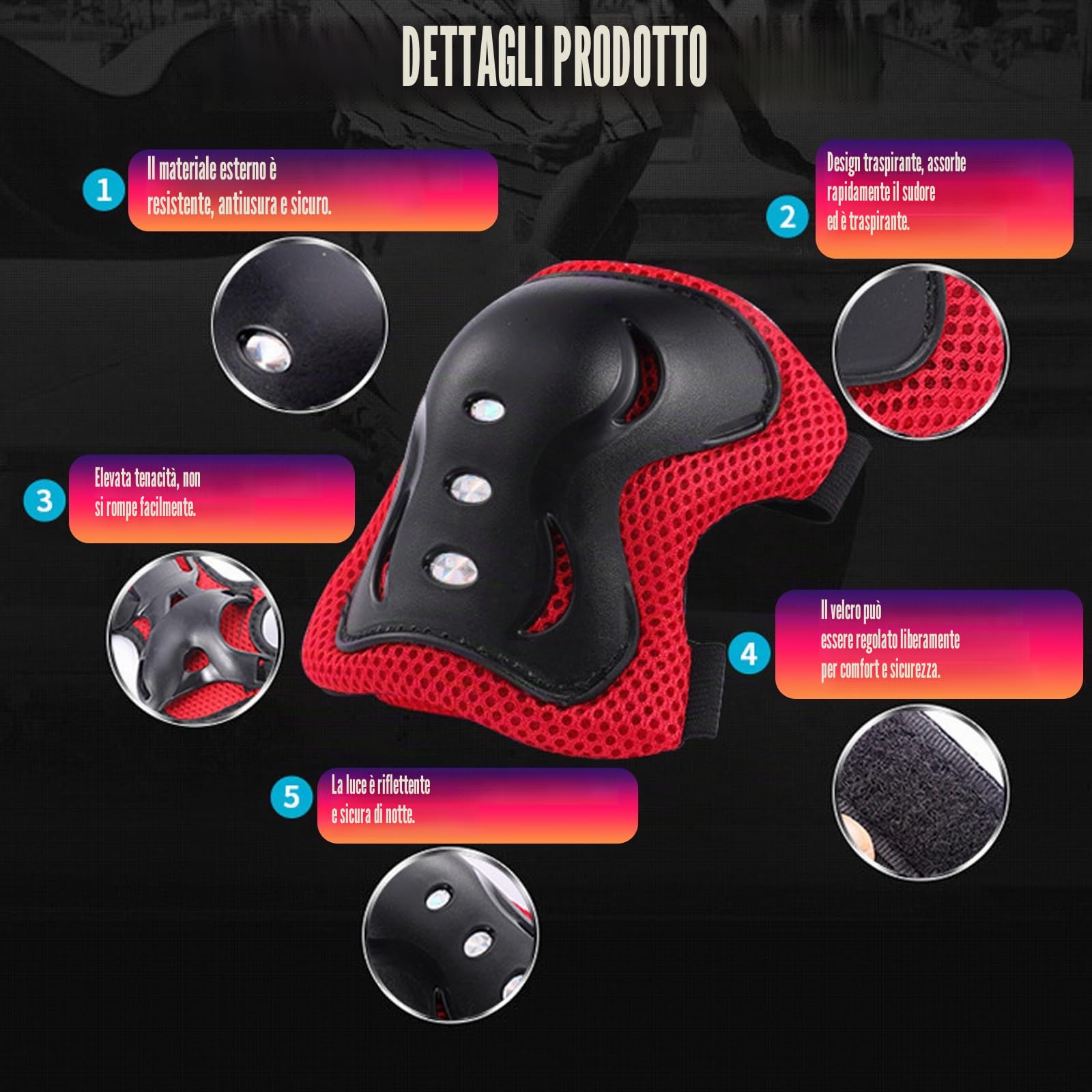 JSTHHTT Protezioni Skateboard Bambino,Set di Protezioni per Bambini,Protezioni Pattini Ginocchiere Gomitiere,Regolabile Ginocchiere Gomitiere per Skateboard Bicicletta Pattinaggio Monopattino,Rosso
