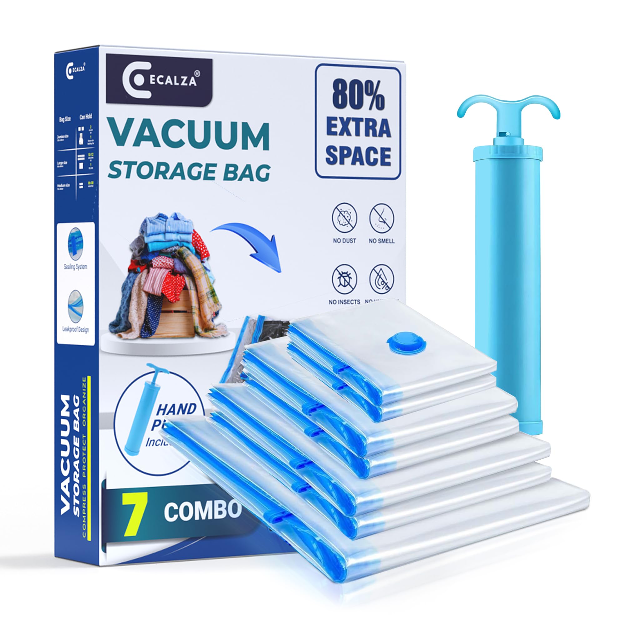Vacuum Storage Bags with Hand Pump -Pack of 7 (1Jumbo/1 Large/2 Medium/2 Small/1 Pump) Space Saver Reusable Compression Seal Bag for Travel Clothes, Comforters, Pillows, Blankets