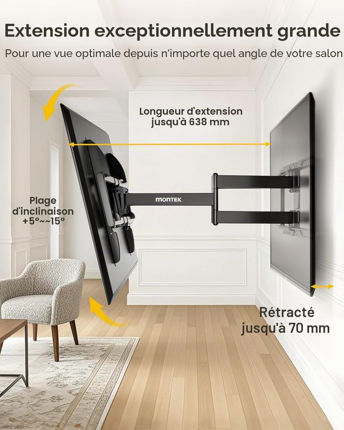 monTEK Support mural TV avec bras super long 638 mm pour téléviseurs de 37 à 90 pouces jusqu'à 75 kg, double bras articulés, inclinaison sans outil, fonction pivotante, VESA max. 600 x 400 mm