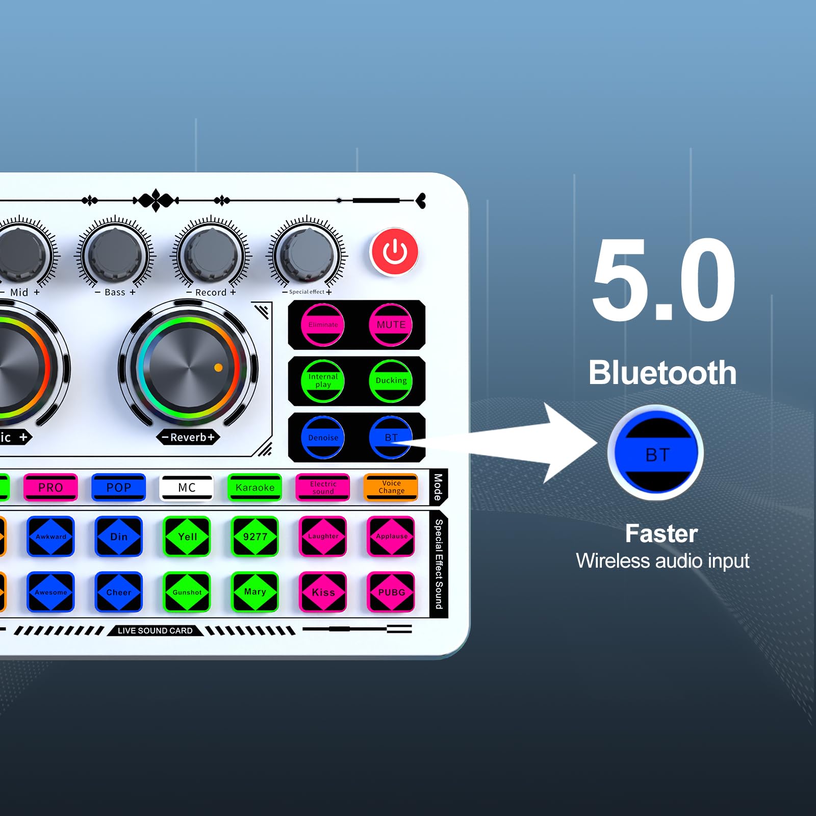 F999 White Live Streaming Sound Card, Professional Audio Mixer, Voice Changer Soundboard with Audio Interface, Bluetooth, Noise Reduction, DJ Mixer Board for Live/Podcasting/Gaming