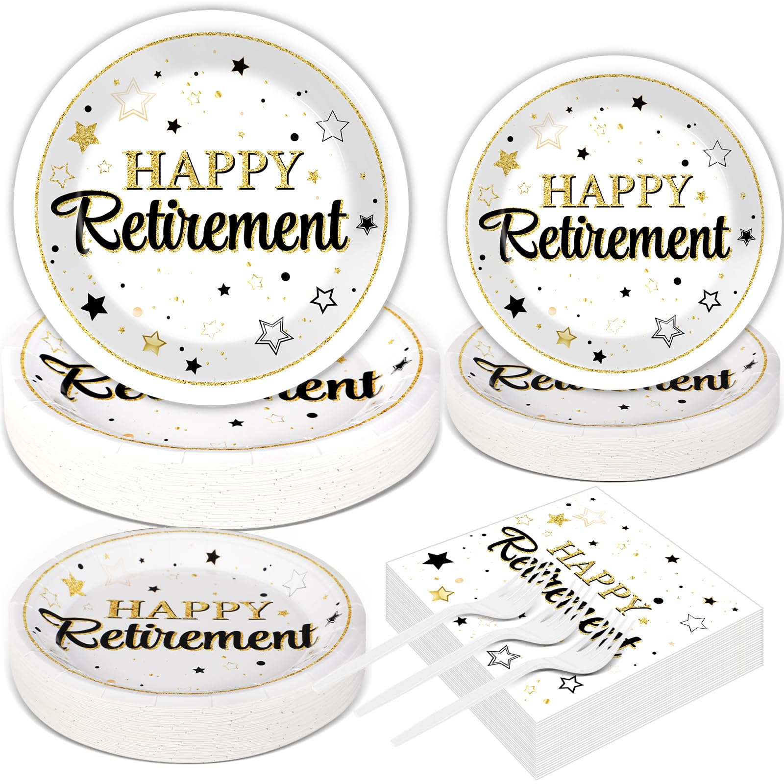 Qyeahkj 200PCS Retirement Party Supplies Happy Retirements Paper Plates Napkins Tableware Set White and Gold Disposable Dinnerware Retired Theme