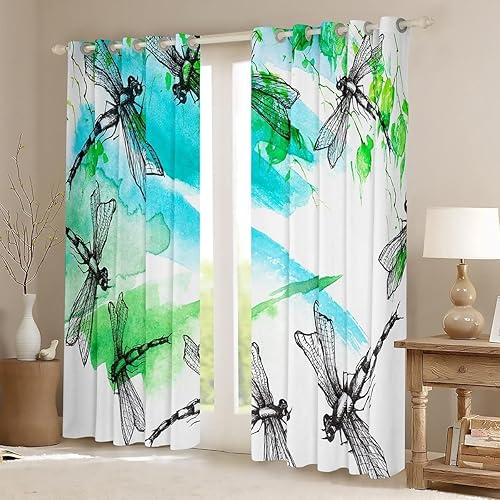 Miniatura 2 de Sxakswol Cortinas opacas 3D de libélula, cortinas de insectos para dormitorio, sala de estar, libélula de ventana, cortinas con aislamiento térmico,