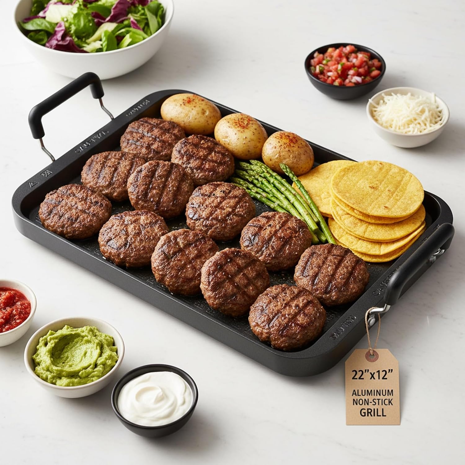 22"x12" Large Family Griddle Pan - Double Burner Griddle Comals Para Tortillas Grande, Non-Stick PFOA-Free Aluminum Grill Pan for Gas Stove/electric stovetops/Indoor/Outdoor Camping 22" x 12" x 1.4"