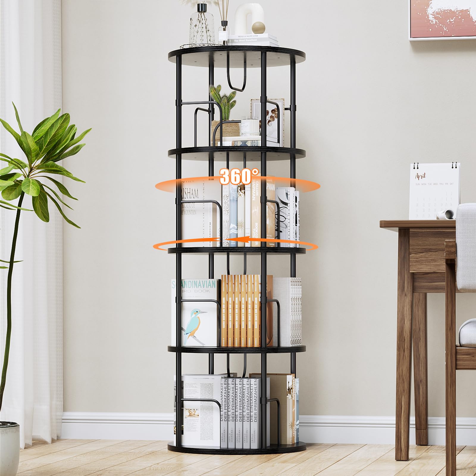 Libreria Girevole a 360° in Legno - 4 Ripiani Regolabili, Scaffale Verticale Portaoggetti per Uffici e Soggiorni, 45×45×129 cm, Nero